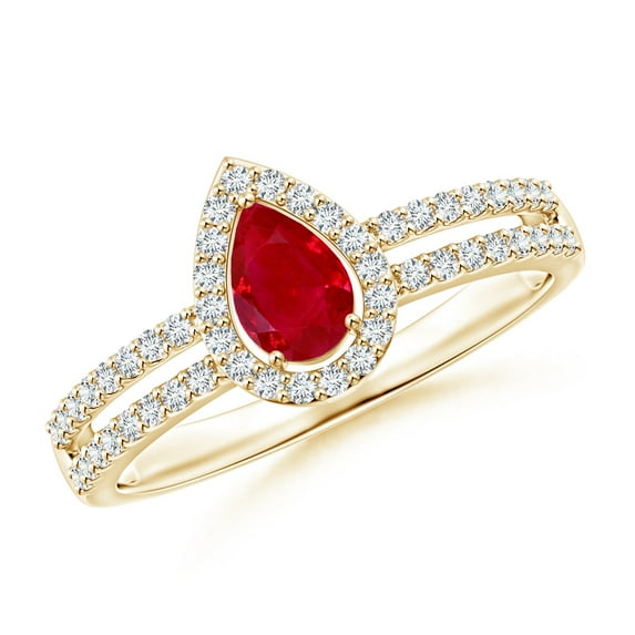 ANGARA Natural Pear Ruby and Diamond Halo Split Shank Ring in 14K Yellow Gold for Women (Size-6x4mm) | July Birthstone Jewelry for Her | Natural Ruby Rings