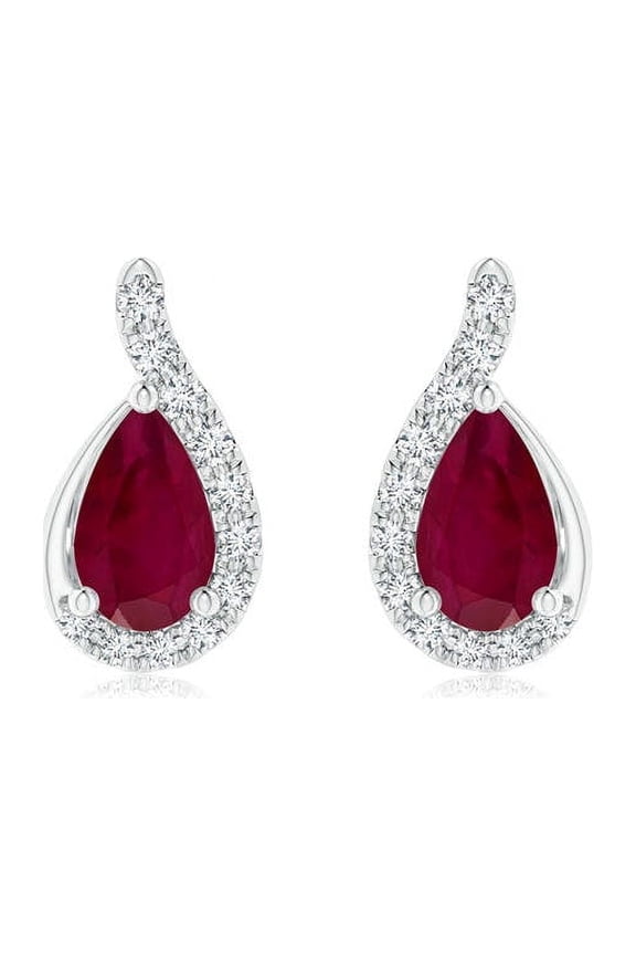 Natural Pear Ruby Earrings with Diamond Swirl Frame in Platinum for Women (Size-5x3mm) | July Birthstone, Birthday, Anniversary, Jewelry Gift for Women | Natural Ruby Earrings