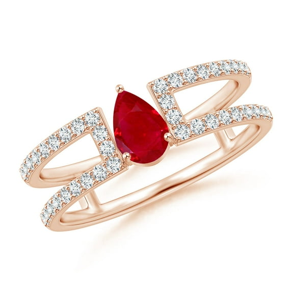 ANGARA Natural Pear Ruby Parallel Split Shank Ring with Accents in 14K Rose Gold for Women (Size-6x4mm) | July Birthstone, Birthday, Anniversary, Jewelry Gift for Women | Natural Ruby Ring