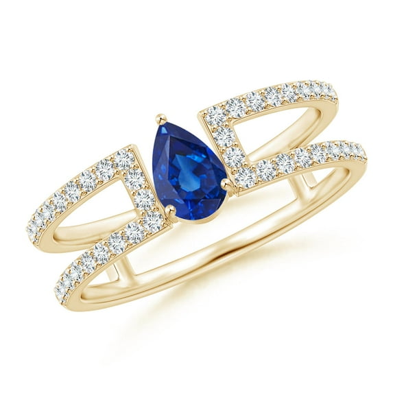 ANGARA Natural Pear Sapphire Parallel Split Shank Ring with Accents in 14K Yellow Gold for Women (Size-6x4mm) | September Birthstone, Anniversary, Jewelry Gift for Women | Natural Blue Sapphire Ring