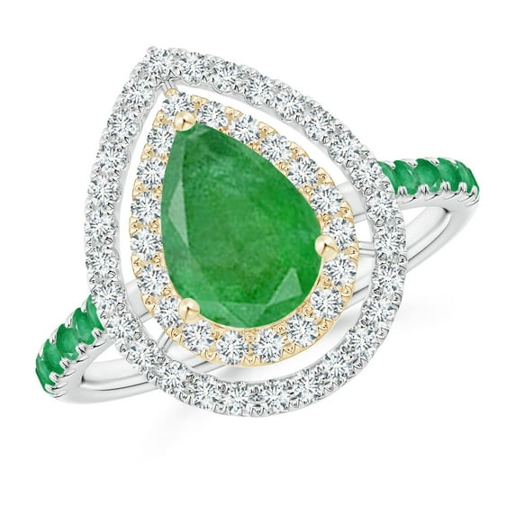 ANGARA Natural Pear-Shaped 1.2 ct Emerald Two Tone Ring with Double Halo in 14K White & Yellow Gold for Women (Size-9x6mm) | May Birthstone, Anniversary, Jewelry Gift for Women | Natural Emerald Ring