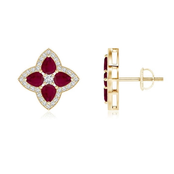 ANGARA Natural Pear-Shaped 1.36 ct Ruby Clover Stud Earrings with Diamonds in 14K Yellow Gold for Women (Size-4x3mm) | July Birthstone, Anniversary, Jewelry Gift for Women | Natural Ruby Earrings