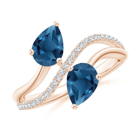 ANGARA Natural Pear-Shaped 1.6 ct London Blue Topaz Two-Stone Bypass Ring in 14K Rose Gold for Women (Size-7x5mm) | November Birthstone Jewelry for Women | London Blue Topaz Ring (Ring Size - 10.5)