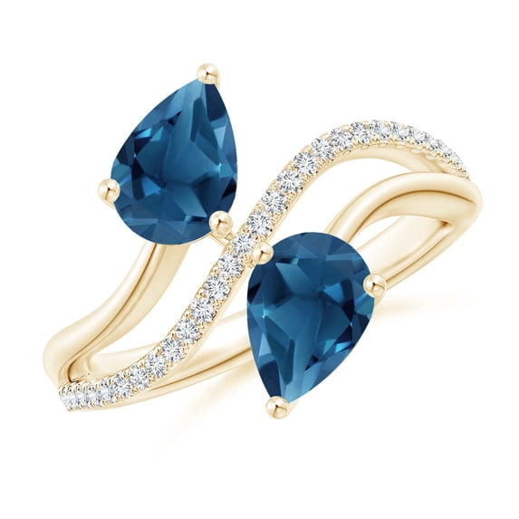 ANGARA Natural Pear-Shaped 2.5 ct London Blue Topaz Two-Stone Bypass Ring in 14K Yellow Gold for Women (Size-8x6mm) | November Birthstone Jewelry for Women | London Blue Topaz Ring (Ring Size - 10.5)