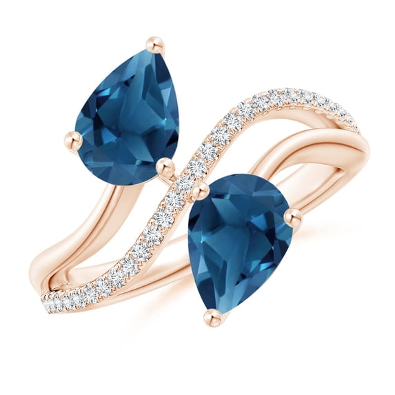 ANGARA Natural Pear-Shaped 3.8 ct London Blue Topaz Two-Stone Bypass Ring in 14K Rose Gold for Women (Size-9x7mm) | November Birthstone Jewelry for Women | London Blue Topaz Ring (Ring Size - 8.5)