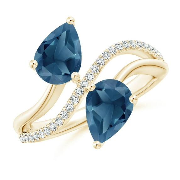 ANGARA Natural Pear-Shaped 3.8 ct London Blue Topaz Two-Stone Bypass Ring in 14K Yellow Gold for Women (Size-9x7mm) | November Birthstone Jewelry for Women | London Blue Topaz Ring (Ring Size - 5.5)