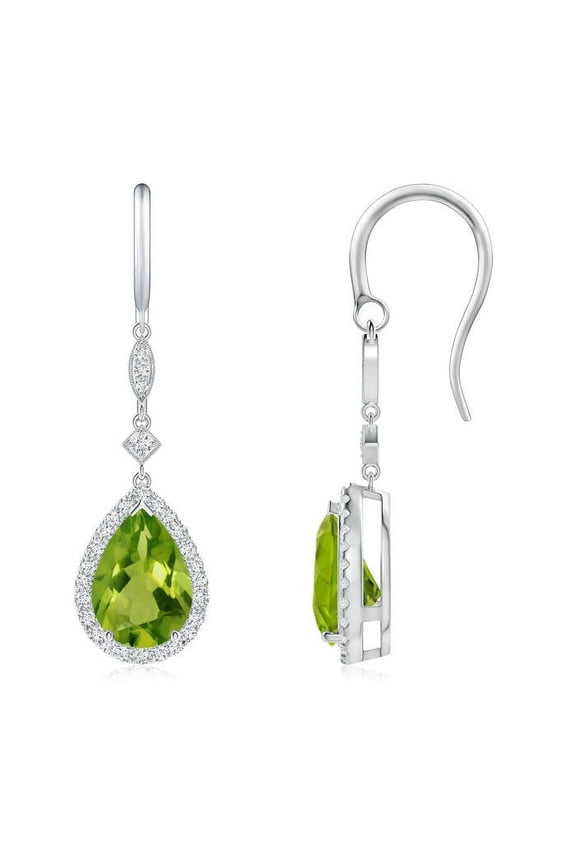 Natural Pear-Shaped 3.8 ct Peridot Drop Earrings with Diamond Halo in 14K White Gold for Women (Size-10x7mm) | August Birthstone, Anniversary, Jewelry Gift for Women | Natural Peridot Earrings