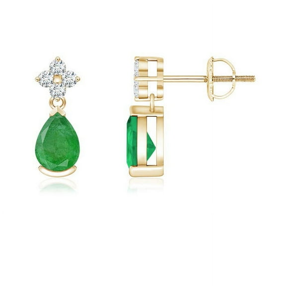 ANGARA Natural Pear-Shaped Emerald Drop Earrings with Diamonds in 14K Yellow Gold for Women (Size-6x4mm) | May Birthstone, Birthday, Anniversary, Jewelry Gift for Women | Natural Emerald Earrings