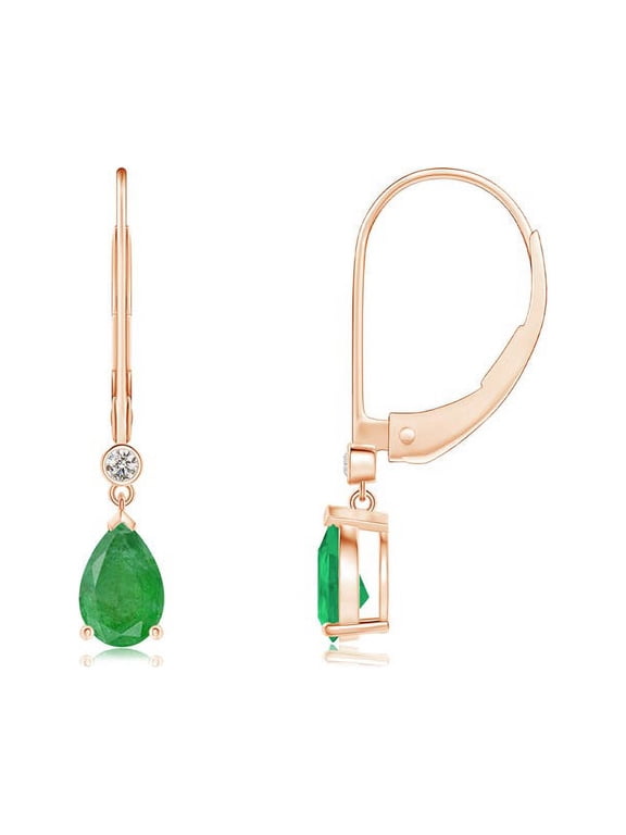 Natural Pear-Shaped Emerald Leverback Drop Earrings with Diamond in 14K Rose Gold for Women (Size-6x4mm) | May Birthstone, Anniversary, Jewelry Gift for Women | Natural Emerald Earrings