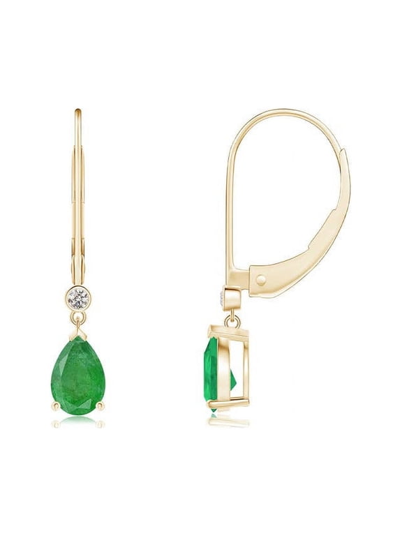 Natural Pear-Shaped Emerald Leverback Drop Earrings with Diamond in 14K Yellow Gold for Women (Size-6x4mm) | May Birthstone, Anniversary, Jewelry Gift for Women | Natural Emerald Earrings