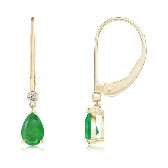 ANGARA Natural Pear-Shaped Emerald Leverback Drop Earrings with Diamond in 14K Yellow Gold for Women (Size-6x4mm) | May Birthstone, Anniversary, Jewelry Gift for Women | Natural Emerald Earrings