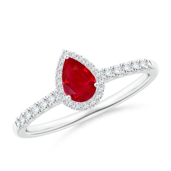 ANGARA Natural Pear-Shaped Ruby Halo Engagement Ring in 14K White Gold for Women (Size-6x4mm) | July Birthstone, Birthday, Anniversary, Jewelry Gift for Women | Natural Ruby Ring