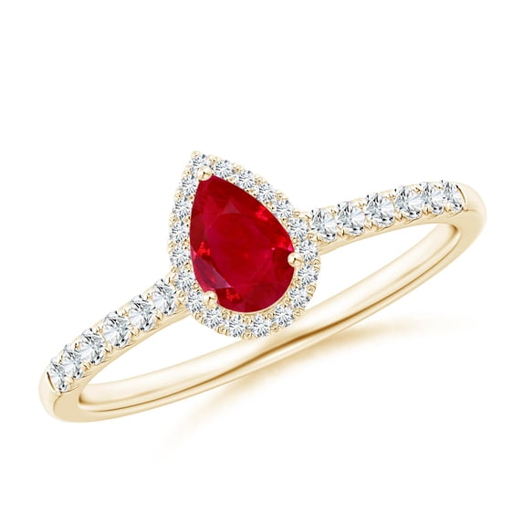 ANGARA Natural Pear-Shaped Ruby Halo Engagement Ring in 14K Yellow Gold for Women (Size-6x4mm) | July Birthstone Jewelry for Her