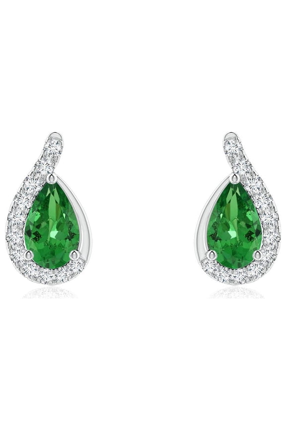 Natural Pear Tsavorite Earrings with Diamond Swirl Frame in 14K White Gold for Women | Birthday, Anniversary, Jewelry Gift for Women | Natural Tsavorite Earrings