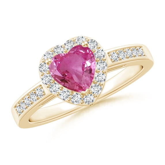 ANGARA Natural Pink Sapphire Halo Ring with Diamond Accents in 14K Yellow Gold for Women (Size-6mm) | September Birthstone, Anniversary, Jewelry Gift for Women | Natural Pink Sapphire Ring