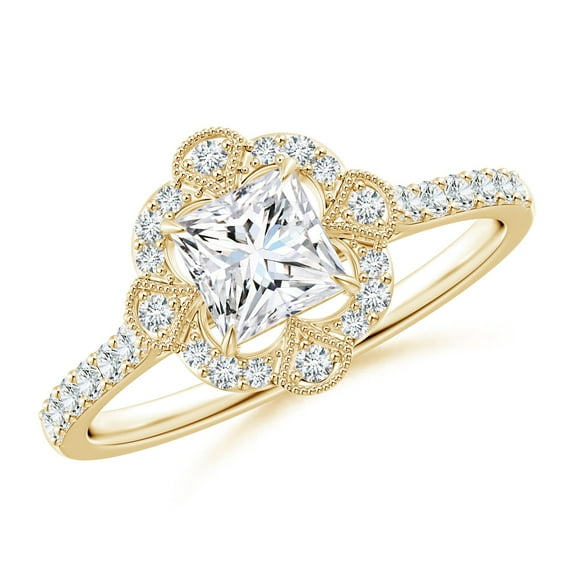 ANGARA Natural Princess-Cut Diamond Ring with Ornate in 14K Yellow Gold for Women (Size-4.9mm| Color-G| Clarity-VS2) | April Birthstone, Anniversary, Jewelry Gift for Women | Natural Diamond Ring