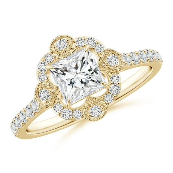 ANGARA Natural Princess-Cut Diamond Ring with Ornate in 14K Yellow Gold for Women (Size-5.2mm| Color-H| Clarity-SI2) | April Birthstone, Anniversary, Jewelry Gift for Women | Natural Diamond Ring