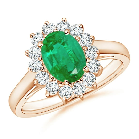 ANGARA Natural Princess Diana Inspired 1.1 ct Emerald Ring with Diamond Halo in 14K Rose Gold for Women (Size-8x6mm) | May Birthstone, Anniversary, Jewelry Gift for Women | Natural Emerald Ring