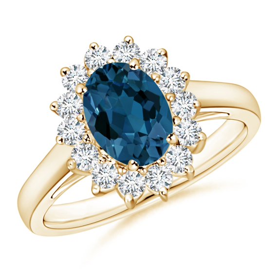 ANGARA Natural Princess Diana Inspired 1.5 ct London Blue Topaz Ring with in 14K Yellow Gold for Women (Size-8x6mm) | November Birthstone Jewelry for Women | London Blue Topaz Ring (Ring Size- 6.5)