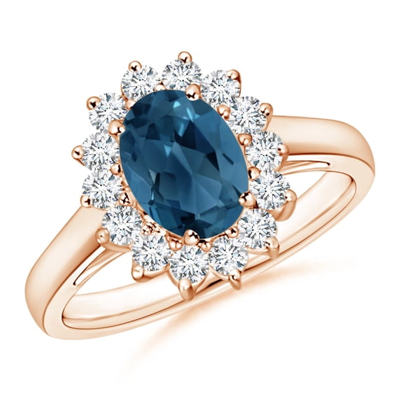 ANGARA Natural Princess Diana Inspired 1.5 ct London Blue Topaz Ring with Halo in 14K Rose Gold for Women (Size-8x6mm) | November Birthstone Jewelry for Women | London Blue Topaz Ring (Ring Size- 5.5)