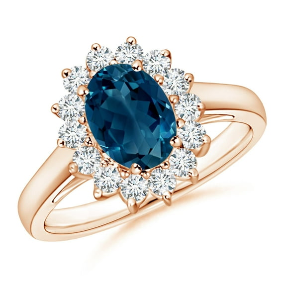 ANGARA Natural Princess Diana Inspired 1.5 ct London Blue Topaz Ring with Halo in 14K Rose Gold for Women (Size-8x6mm) | November Birthstone Jewelry for Women | London Blue Topaz Ring (Ring Size - 8)