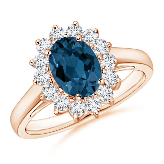 ANGARA Natural Princess Diana Inspired 1.5 ct London Blue Topaz Ring with Halo in 14K Rose Gold for Women (Size-8x6mm) | November Birthstone Jewelry for Women | London Blue Topaz Ring (Ring Size - 9)