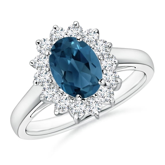 ANGARA Natural Princess Diana Inspired 1.5 ct London Blue Topaz Ring with Halo in 14K White Gold for Women (Size-8x6mm) | November Birthstone Jewelry for Women | London Blue Topaz Ring (Ring Size - 5)