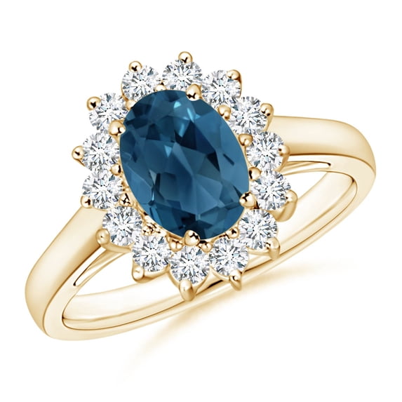ANGARA Natural Princess Diana Inspired 1.5 ct London Blue Topaz Ring with Halo in 14K Yellow Gold for Women (Size-8x6mm) | November Birthstone Jewelry for Women | London Blue Topaz Ring (Ring Size- 7)