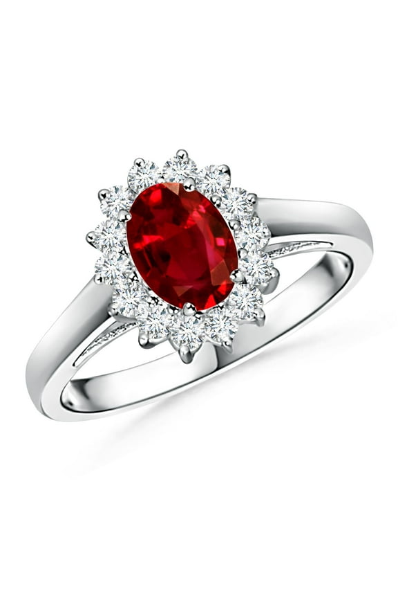 Natural Princess Diana Inspired 1 ct Ruby Ring with Diamond Halo in 14K White Gold for Women (Size-7x5mm) | July Birthstone, Birthday, Anniversary, Jewelry Gift for Women | Natural Ruby Ring