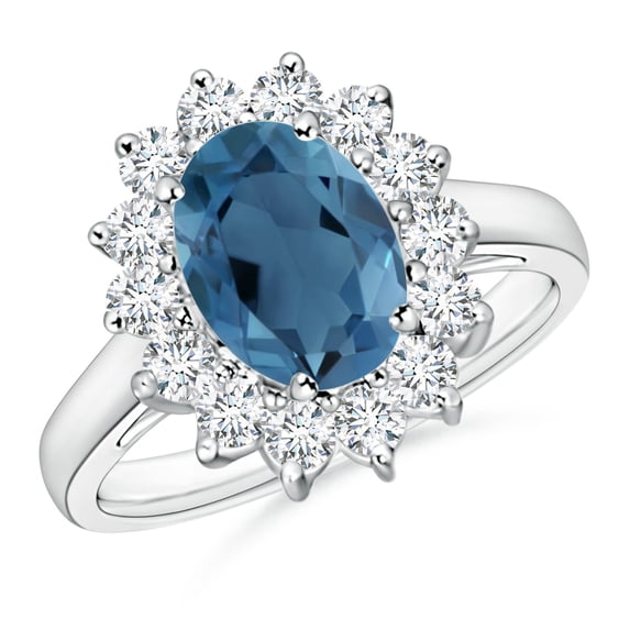 ANGARA Natural Princess Diana Inspired 2.25 ct London Blue Topaz Ring with in 14K White Gold for Women (Size-9x7mm) | November Birthstone Jewelry for Women | London Blue Topaz Ring (Ring Size- 10.5)