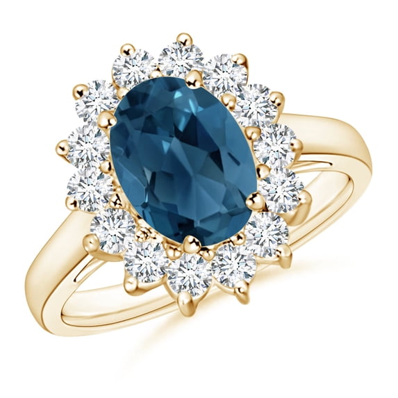 ANGARA Natural Princess Diana Inspired 2.25 ct London Blue Topaz Ring with in 14K Yellow Gold for Women (Size-9x7mm) | November Birthstone Jewelry for Women | London Blue Topaz Ring (Ring Size- 4)