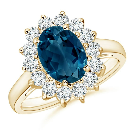 ANGARA Natural Princess Diana Inspired 2.25 ct London Blue Topaz Ring with in 14K Yellow Gold for Women (Size-9x7mm) | November Birthstone Jewelry for Women | London Blue Topaz Ring (Ring Size- 7.5)