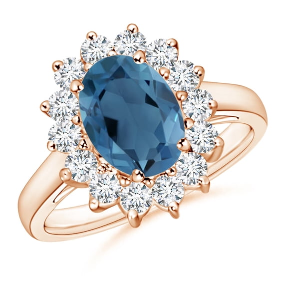 ANGARA Natural Princess Diana Inspired 2.25 ct London Blue Topaz Ring with Halo in 14K Rose Gold for Women (Size-9x7mm) | November Birthstone Jewelry for Women | London Blue Topaz Ring (Ring Size - 9)