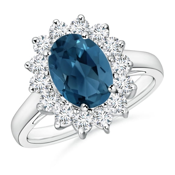 ANGARA Natural Princess Diana Inspired 2.25 ct London Blue Topaz Ring with Halo in 14K White Gold for Women (Size-9x7mm) | November Birthstone Jewelry for Women | London Blue Topaz Ring (Ring Size- 6)