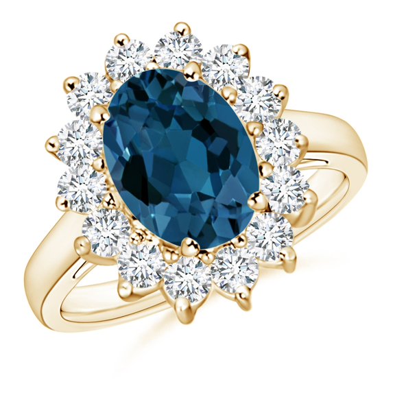 ANGARA Natural Princess Diana Inspired 3.25 ct London Blue Topaz Ring with in 14K Yellow Gold for Women (Size-10x8mm) | November Birthstone Jewelry for Women | London Blue Topaz Ring (Ring Size- 6)