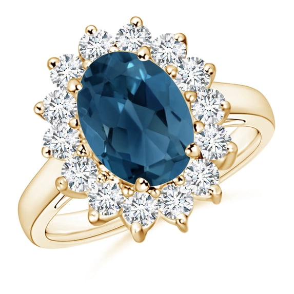 ANGARA Natural Princess Diana Inspired 3.25 ct London Blue Topaz Ring with in 14K Yellow Gold for Women (Size-10x8mm) | November Birthstone Jewelry for Women | London Blue Topaz Ring (Ring Size- 7.5)