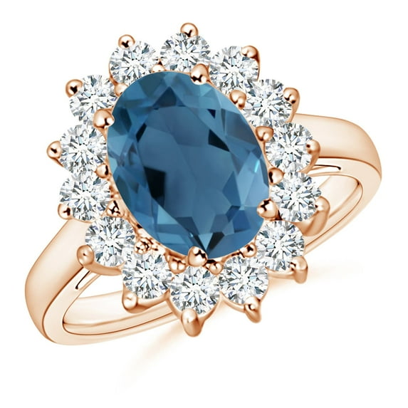 ANGARA Natural Princess Diana Inspired 3.25 ct London Blue Topaz Ring with Halo in 14K Rose Gold for Women (Size-10x8mm) | November Birthstone Jewelry for Women | London Blue Topaz Ring (Ring Size- 5)