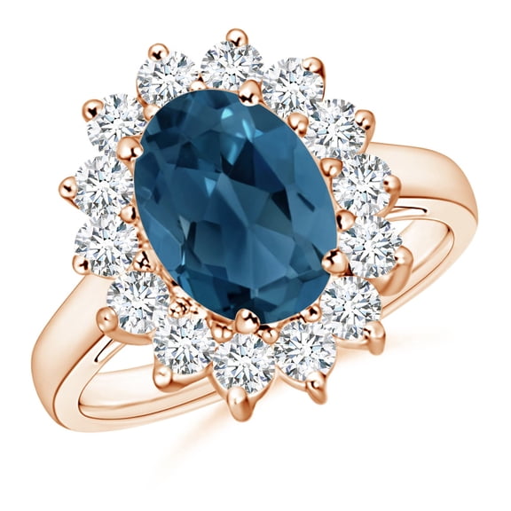 ANGARA Natural Princess Diana Inspired 3.25 ct London Blue Topaz Ring with Halo in 14K Rose Gold for Women (Size-10x8mm) | November Birthstone Jewelry for Women | London Blue Topaz Ring (Ring Size- 7)