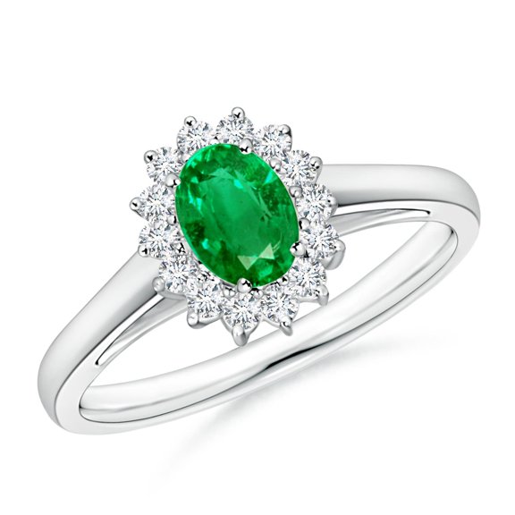 ANGARA Natural Princess Diana Inspired Emerald Ring with Diamond Halo in 14K White Gold for Women (Size-6x4mm) | May Birthstone, Birthday, Anniversary, Jewelry Gift for Women | Natural Emerald Ring