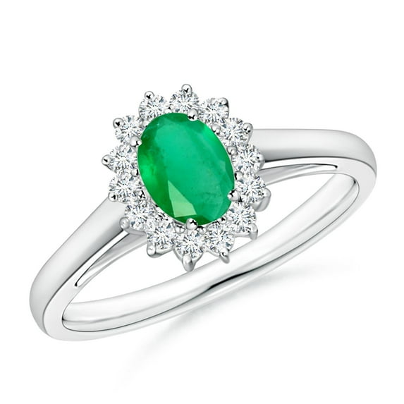 ANGARA Natural Princess Diana Inspired Emerald Ring with Diamond Halo in 14K White Gold for Women (Size-6x4mm) | May Birthstone, Birthday, Anniversary, Jewelry Gift for Women | Natural Emerald Ring