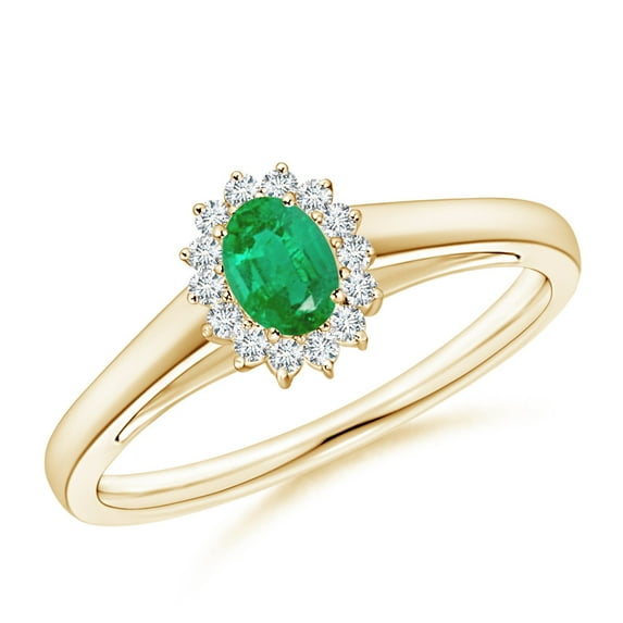 ANGARA Natural Princess Diana Inspired Emerald Ring with Diamond Halo in 14K Yellow Gold for Women (Size-5x3mm) | May Birthstone, Birthday, Anniversary, Jewelry Gift for Women | Natural Emerald Ring