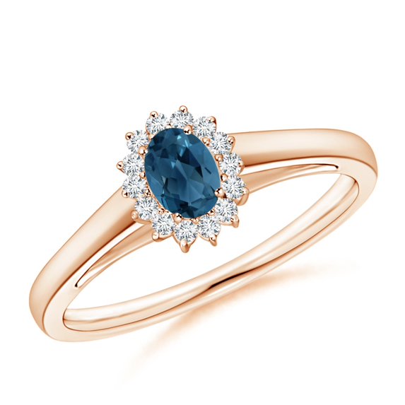 ANGARA Natural Princess Diana Inspired London Blue Topaz Ring with Halo in 14K Rose Gold for Women (Size-5x3mm) | November Birthstone Jewelry for Women | London Blue Topaz Ring (Ring Size - 11)