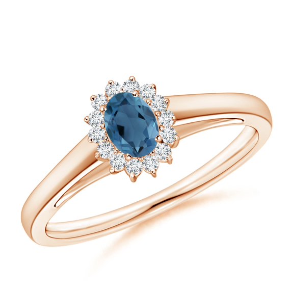 ANGARA Natural Princess Diana Inspired London Blue Topaz Ring with Halo in 14K Rose Gold for Women (Size-5x3mm) | November Birthstone Jewelry for Women | London Blue Topaz Ring (Ring Size - 5)