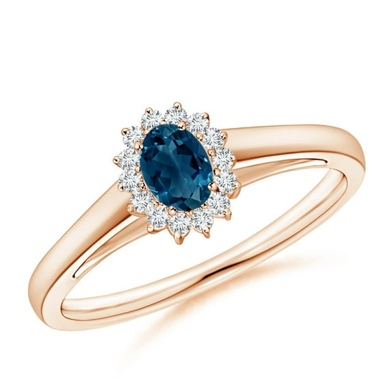 ANGARA Natural Princess Diana Inspired London Blue Topaz Ring with Halo in 14K Rose Gold for Women (Size-5x3mm) | November Birthstone Jewelry for Women | London Blue Topaz Ring (Ring Size - 6.5)