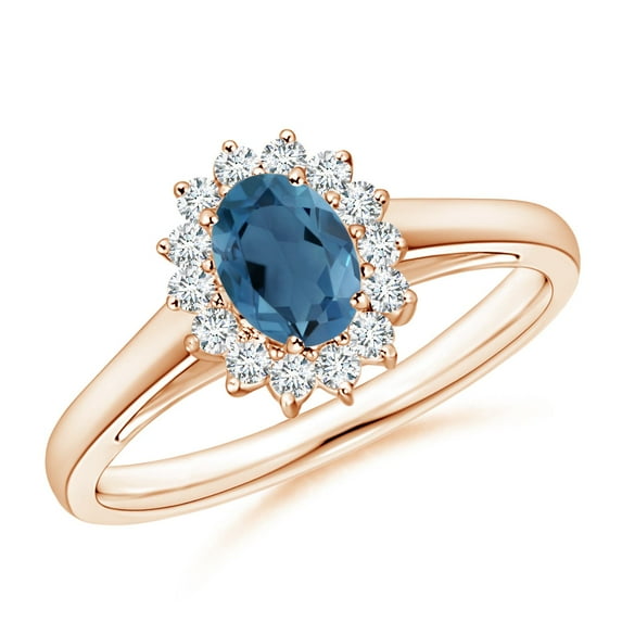 ANGARA Natural Princess Diana Inspired London Blue Topaz Ring with Halo in 14K Rose Gold for Women (Size-6x4mm) | November Birthstone Jewelry for Women | London Blue Topaz Ring (Ring Size - 6.5)