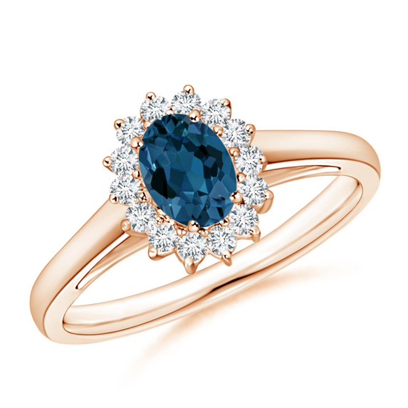 ANGARA Natural Princess Diana Inspired London Blue Topaz Ring with Halo in 14K Rose Gold for Women (Size-6x4mm) | November Birthstone Jewelry for Women | London Blue Topaz Ring (Ring Size - 7.5)