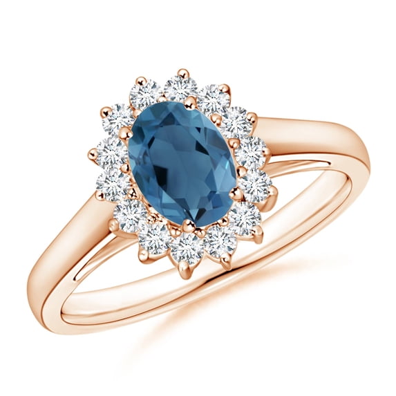 ANGARA Natural Princess Diana Inspired London Blue Topaz Ring with Halo in 14K Rose Gold for Women (Size-7x5mm) | November Birthstone Jewelry for Women | London Blue Topaz Ring (Ring Size - 11)