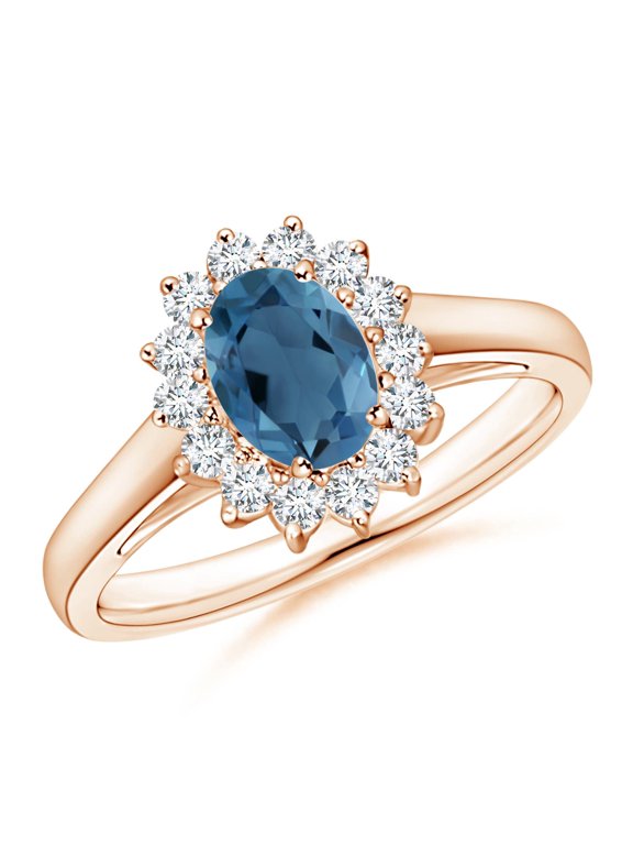 Natural Princess Diana Inspired London Blue Topaz Ring with Halo in 14K Rose Gold for Women (Size-7x5mm) | November Birthstone Jewelry for Women | London Blue Topaz Ring (Ring Size - 5)