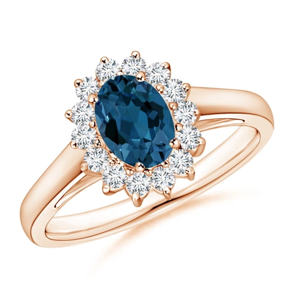 ANGARA Natural Princess Diana Inspired London Blue Topaz Ring with Halo in 14K Rose Gold for Women (Size-7x5mm) | November Birthstone Jewelry for Women | London Blue Topaz Ring (Ring Size - 6.5)