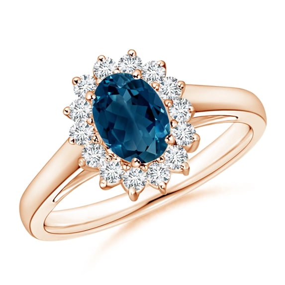 ANGARA Natural Princess Diana Inspired London Blue Topaz Ring with Halo in 14K Rose Gold for Women (Size-7x5mm) | November Birthstone Jewelry for Women | London Blue Topaz Ring (Ring Size - 7)
